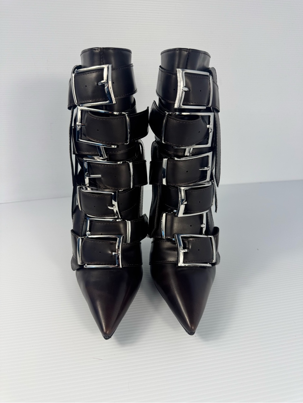 Alcetas Chocolate Brown Buckle Strap Pointed Toe Stiletto Ankle Boots NIB - Picture 3 of 8